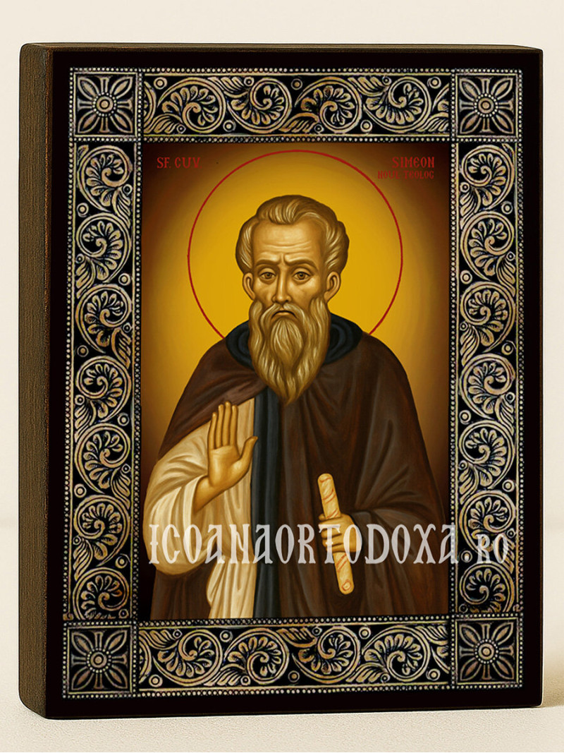 Icoană cu Sfântul Simeon Noul Teolog cu ramă florală decorativă