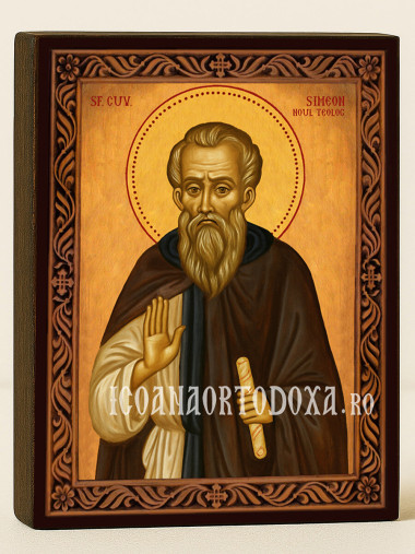Icoană cu Sfântul Simeon Noul Teolog cu ramă decorativă stil sculptat