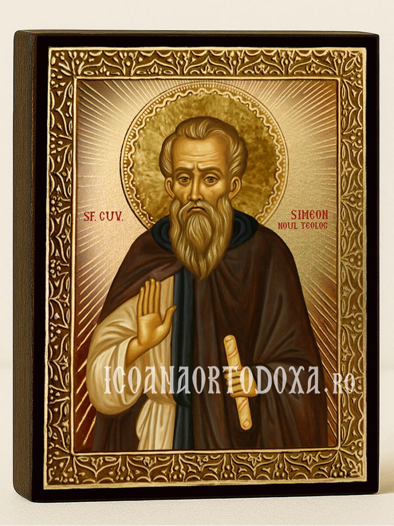 Icoană cu Sfântul Simeon Noul Teolog cu raze aurii decorative