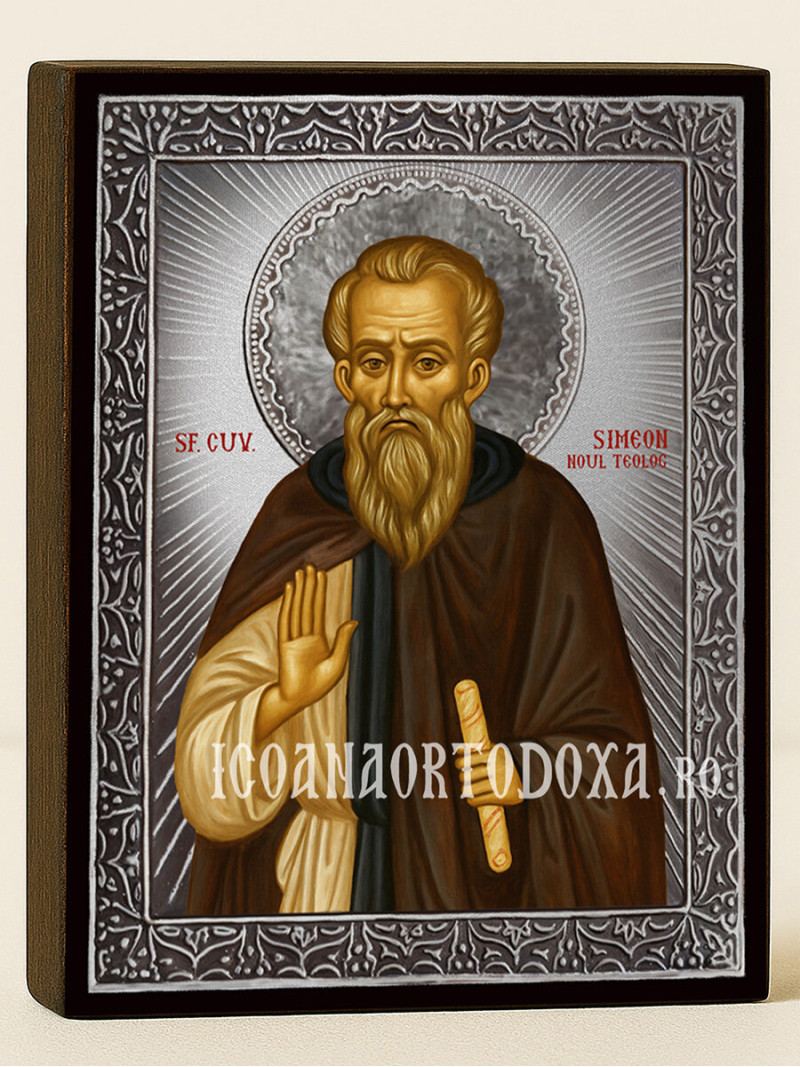 Icoană cu Sfântul Simeon Noul Teolog cu raze argintii decorative