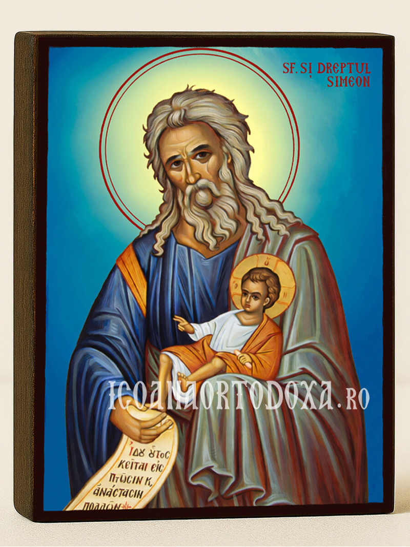 Icoană cu Sfântul Simeon Primitorul de Dumnezeu cu fundal ceresc