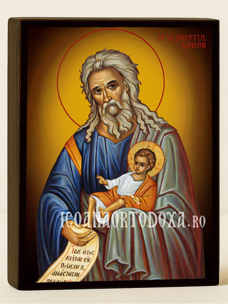 Icoană cu Sfântul Simeon Primitorul de Dumnezeu cu fundal galben luminos