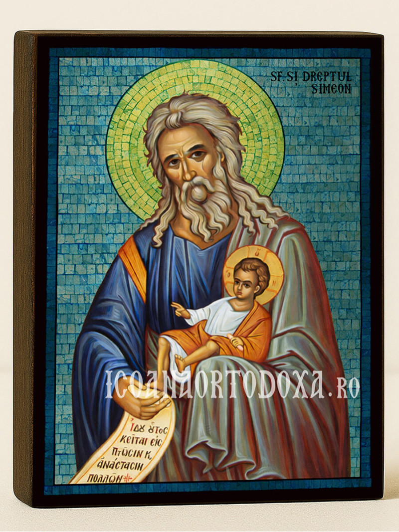 Icoană cu Sfântul Simeon Primitorul de Dumnezeu cu mozaic albastru argintiu