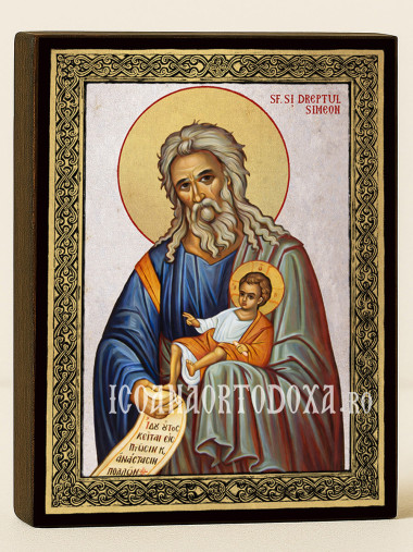 Icoană cu Sfântul Simeon Primitorul de Dumnezeu cu fundal argintiu și ramă aurită