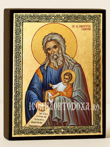 Icoană aurită cu Sfântul Simeon Primitorul de Dumnezeu și ramă decorativă