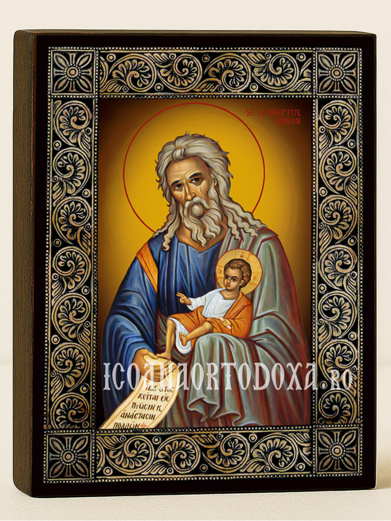 Icoană cu Sfântul Simeon Primitorul de Dumnezeu cu ramă florală decorativă
