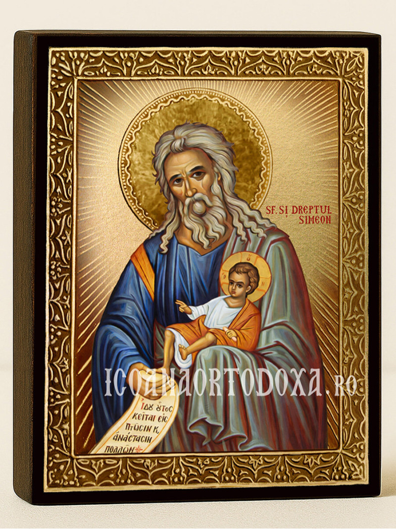 Icoană cu Sfântul Simeon Primitorul de Dumnezeu cu raze aurii decorative