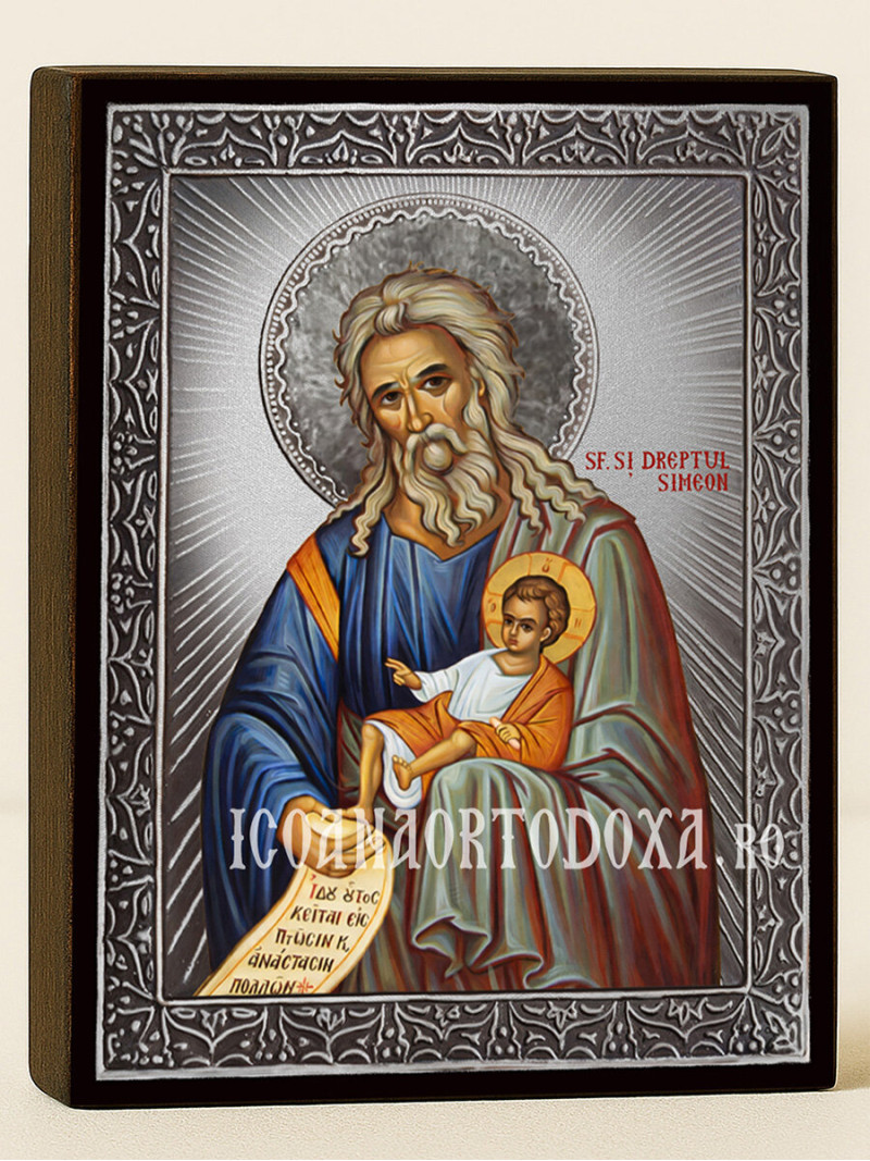 Icoană cu Sfântul Simeon Primitorul de Dumnezeu cu raze argintii decorative