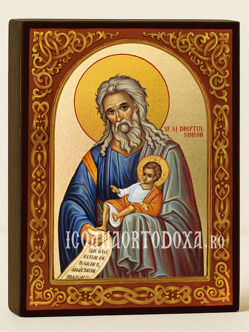 Icoană cu Sfântul Simeon Primitorul de Dumnezeu cu arc floral pe fundal auriu