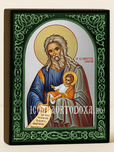 Icoană cu Sfântul Simeon Primitorul de Dumnezeu cu arc floral verde și fundal argintiu