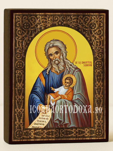 Icoană cu Sfântul Simeon Primitorul de Dumnezeu cu arc floral cu textură de lemn