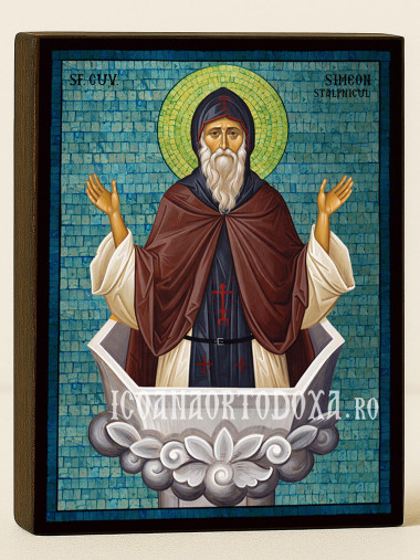 Icoană cu Sfântul Simeon Stâlpnicul cu mozaic albastru argintiu