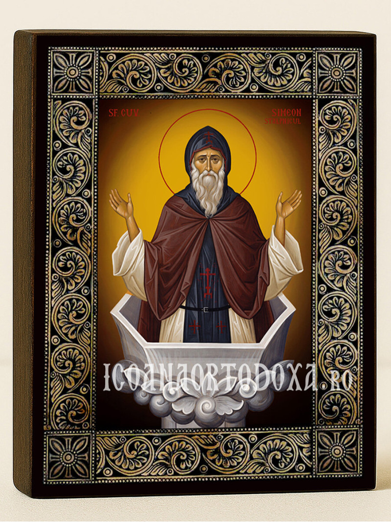 Icoană cu Sfântul Simeon Stâlpnicul cu ramă florală decorativă