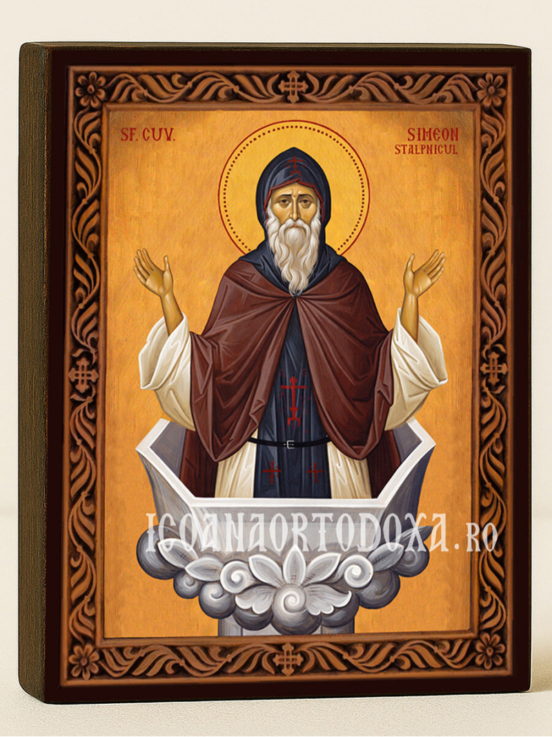 Icoană cu Sfântul Simeon Stâlpnicul cu ramă stil sculptat