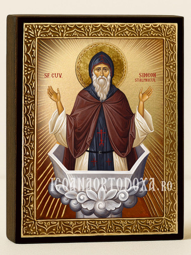 Icoană cu Sfântul Simeon Stâlpnicul cu raze aurii decorative