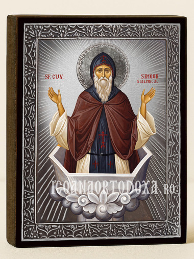 Icoană cu Sfântul Simeon Stâlpnicul cu raze argintii decorative