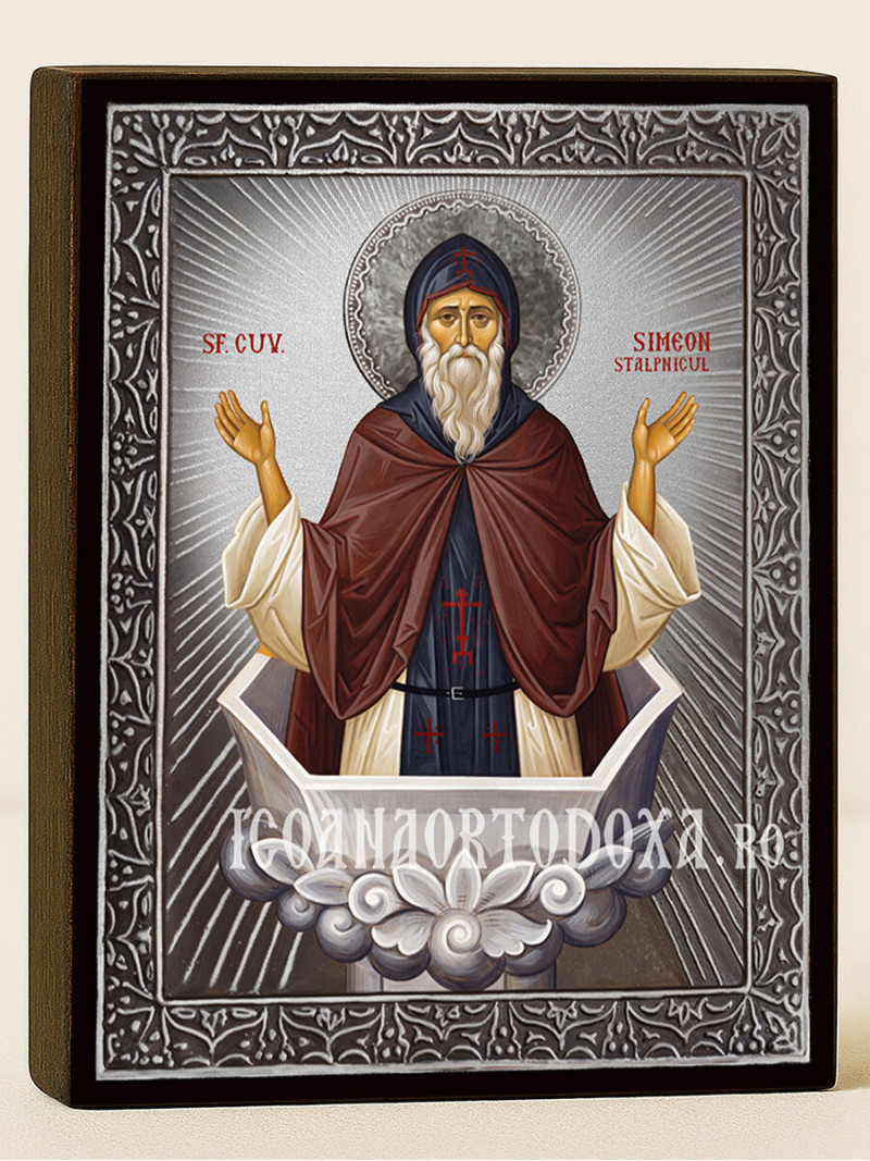 Icoană cu Sfântul Simeon Stâlpnicul cu raze argintii decorative