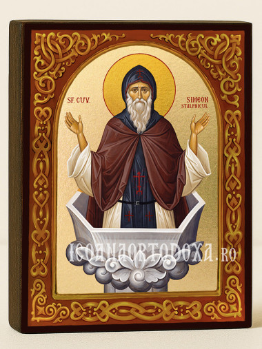 Icoană cu Sfântul Simeon Stâlpnicul cu arc floral pe fundal auriu
