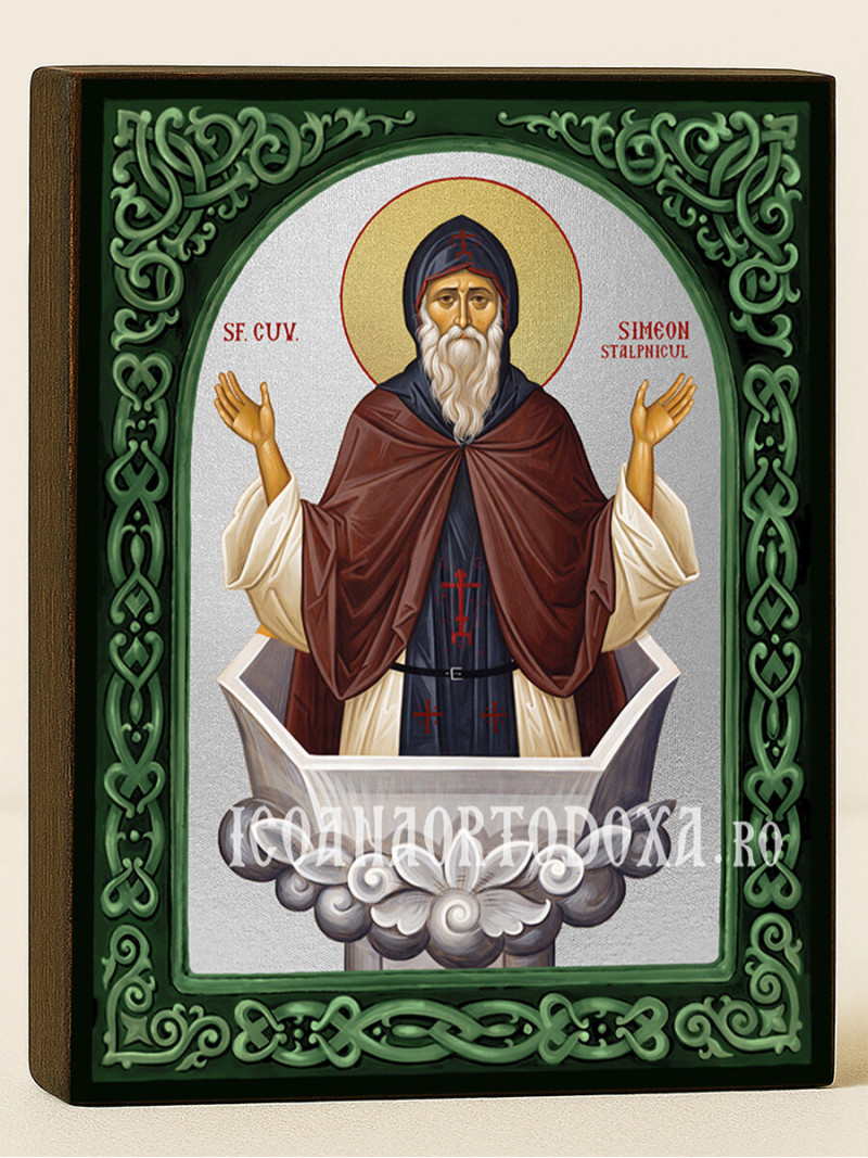 Icoană cu Sfântul Simeon Stâlpnicul cu arc floral verde și fundal argintiu