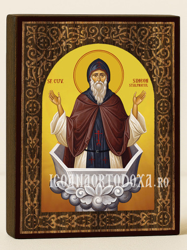 Icoană cu Sfântul Simeon Stâlpnicul cu arc floral cu textură de lemn