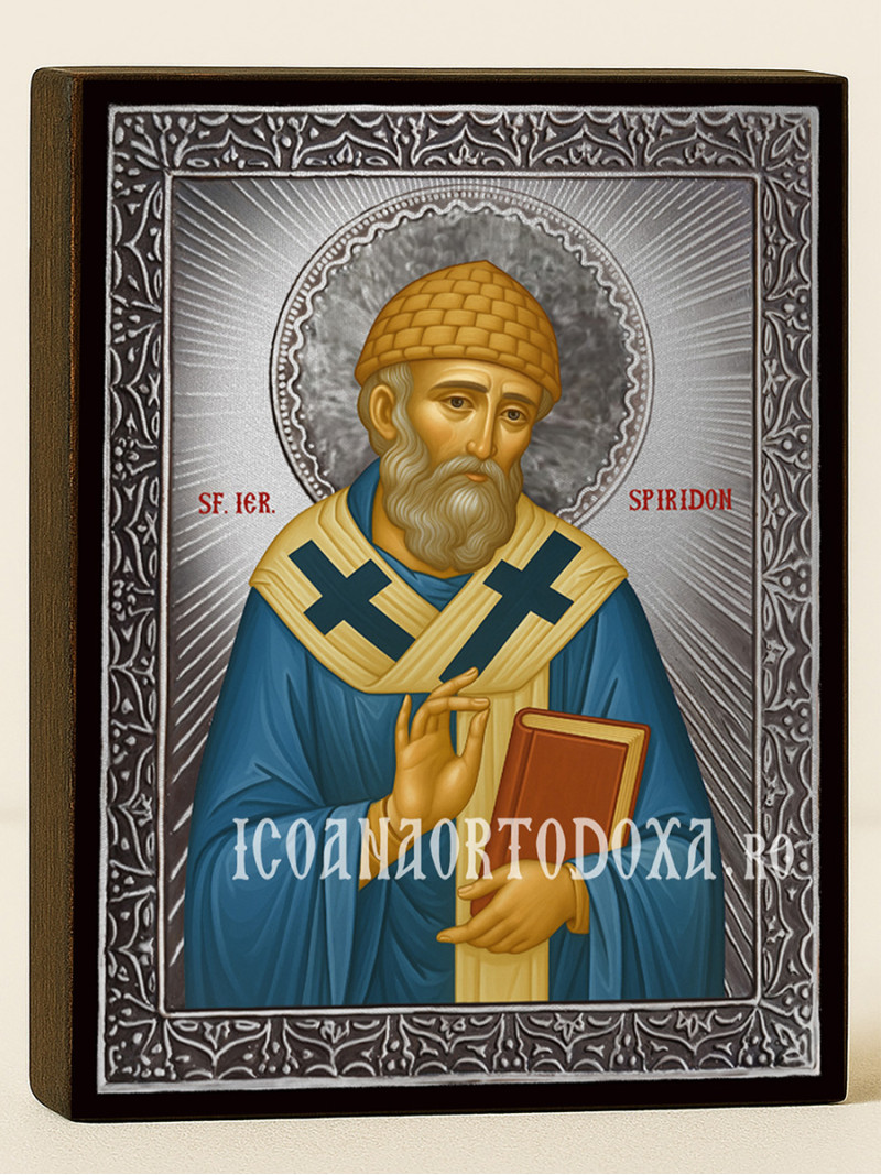 Icoană cu Sfântul Spiridon cu raze argintii decorative