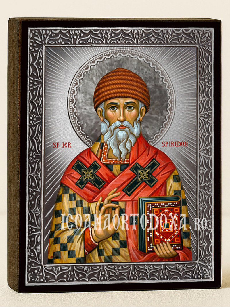 Icoană cu Sfântul Spiridon cu raze argintii decorative