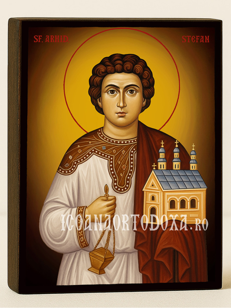 Icoană ortodoxă cu Sfântul Ștefan cu fundal galben luminos