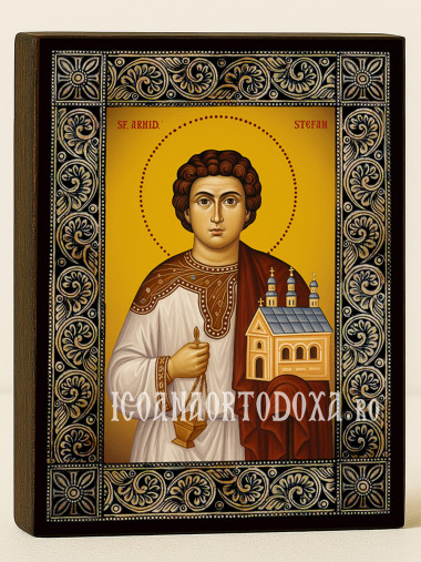 Icoană cu Sfântul Ștefan cu ramă decorativă cu motive florale