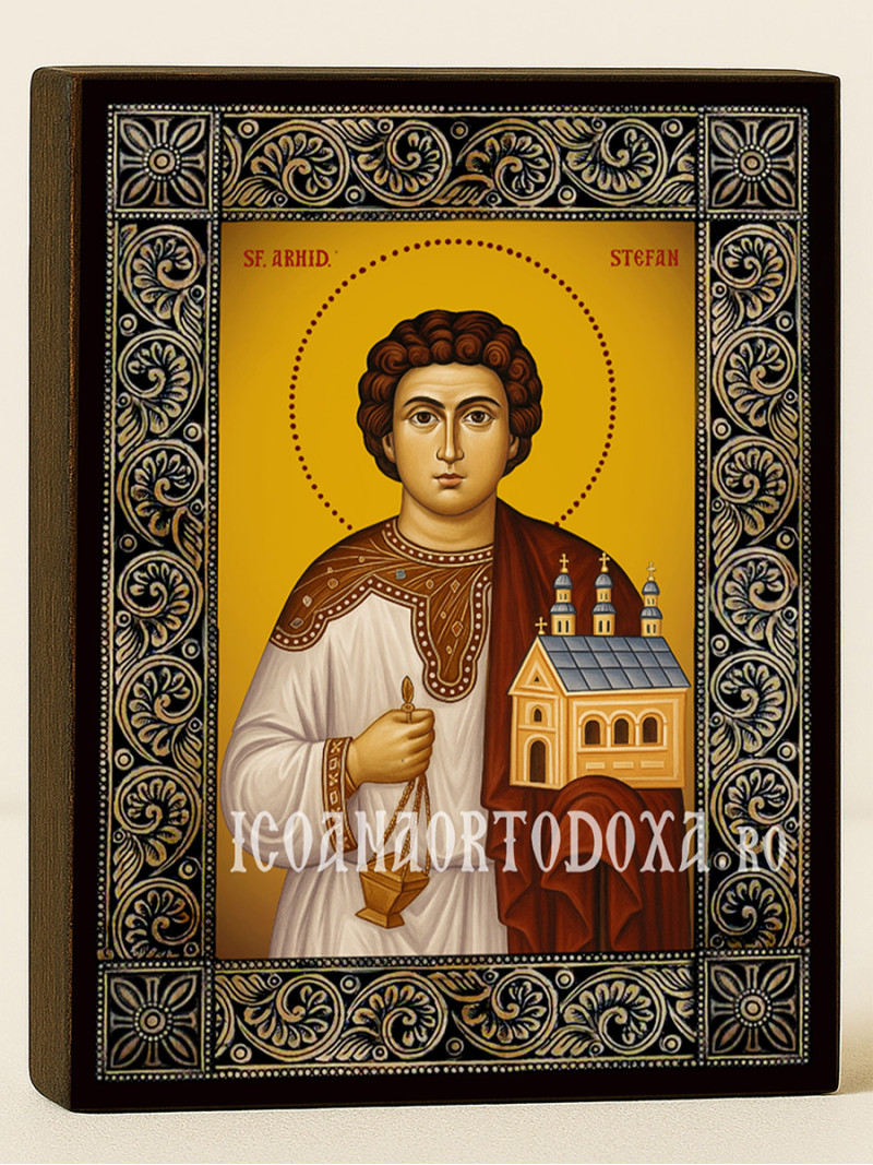 Icoană cu Sfântul Ștefan cu ramă decorativă cu motive florale