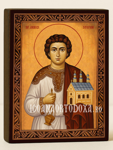 Icoană ortodoxă cu Sfântul Ștefan cu ramă decorativă stil sculptat