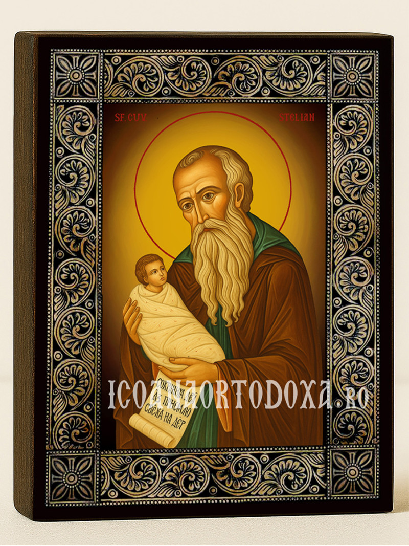 Icoană cu Sfântul Stelian cu ramă florală decorativă