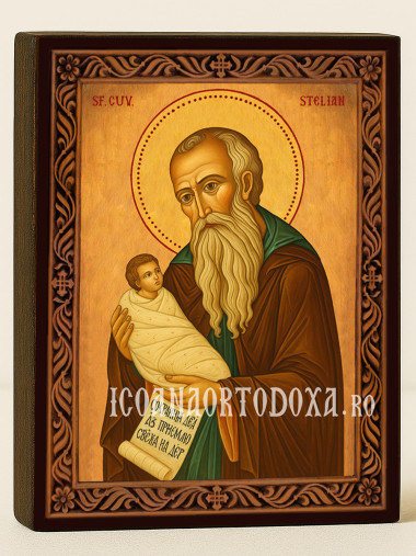 Icoană cu Sfântul Stelian cu ramă decorativă sculpturală