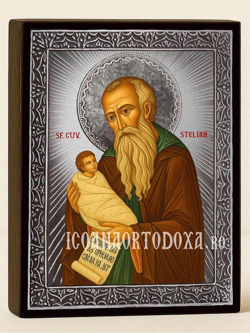 Icoană cu Sfântul Stelian cu raze argintii decorative