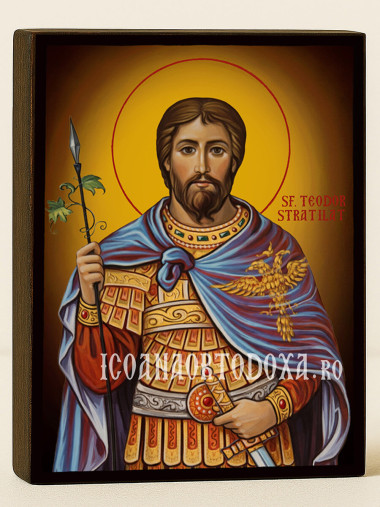 Icoană ortodoxă cu Sfântul Teodor Stratilat cu fundal galben luminos