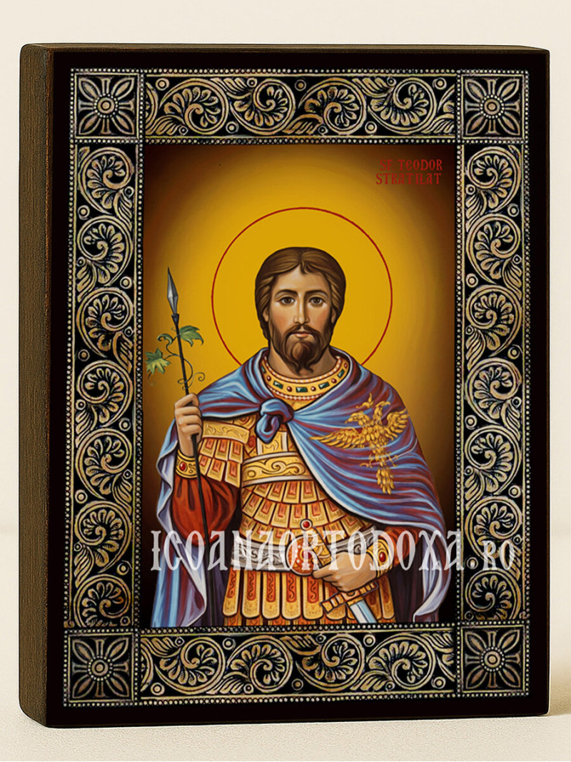 Icoană cu Sfântul Teodor Stratilat cu ramă florală decorativă