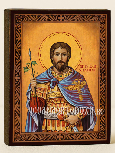 Icoană ortodoxă cu Sfântul Teodor Stratilat cu ramă decorativă stil sculptat