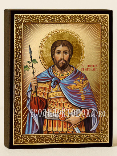 Icoană aurită cu Sfântul Teodor Stratilat cu raze decorative