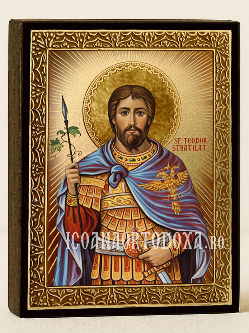 Icoană aurită cu Sfântul Teodor Stratilat cu raze decorative