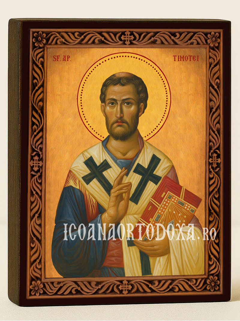Icoană cu Sfântul Timotei cu ramă decorativă rustică