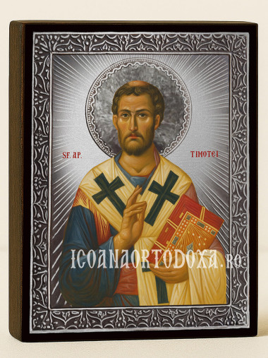 Icoană din argint cu Sfântul Timotei și raze decorative