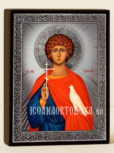 Icoană cu Sfântul Trifon cu raze argintii decorative