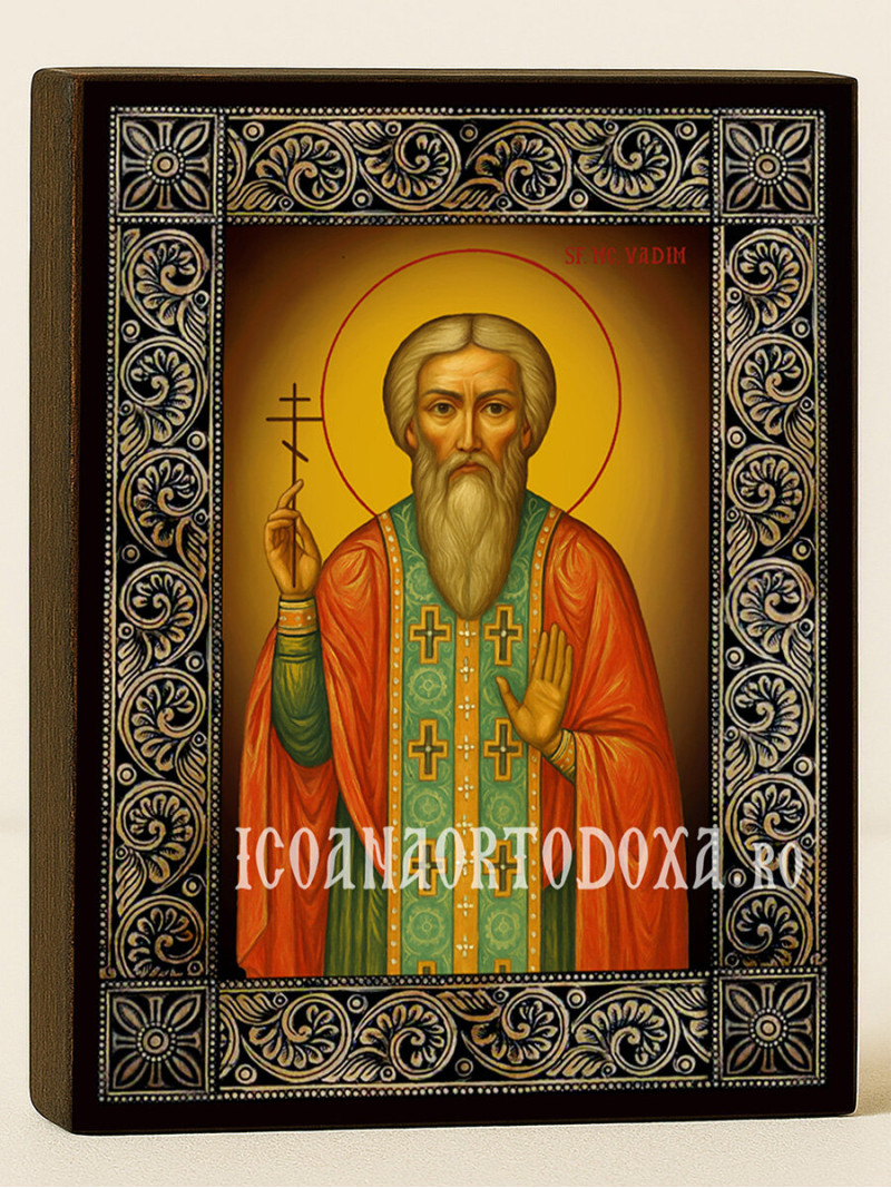 Icoană cu Sfântul Vadim cu ramă florală decorativă