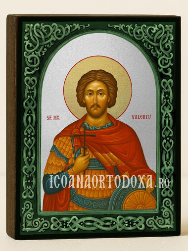 Icoană cu Sfântul Valeriu cu arc floral verde și fundal argintiu