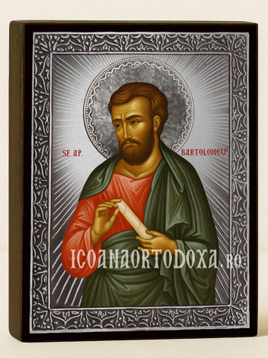Icoană din argint cu Sfântul Vertolomeu și raze decorative
