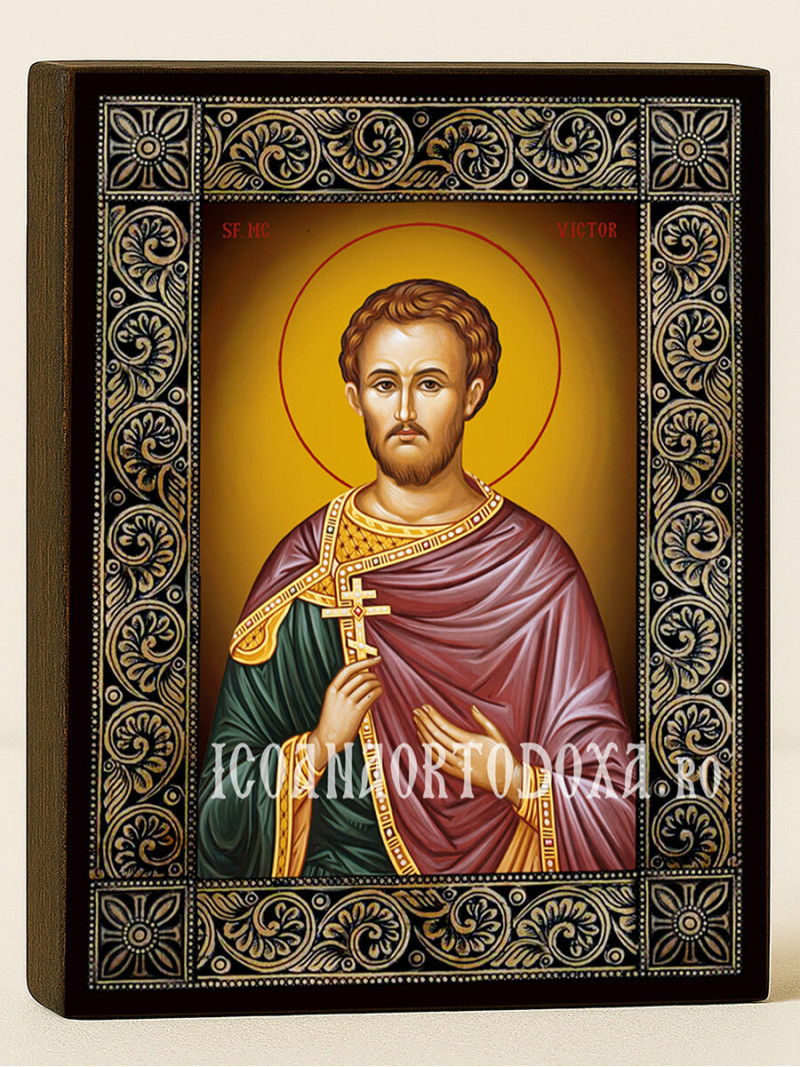Icoană cu Sfântul Victor cu ramă florală decorativă