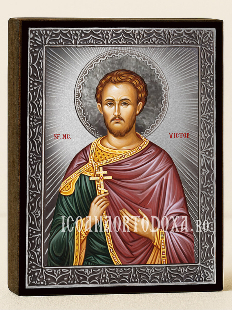 Icoană cu Sfântul Victor cu raze argintii decorative