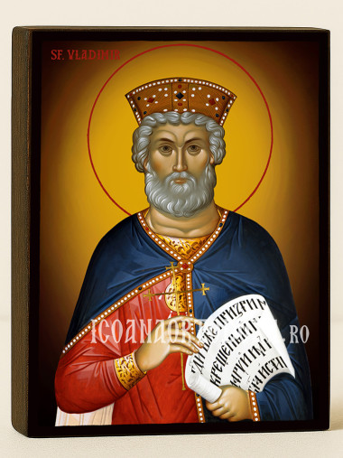 Icoană cu Sfântul Vladimir pe fundal galben cald