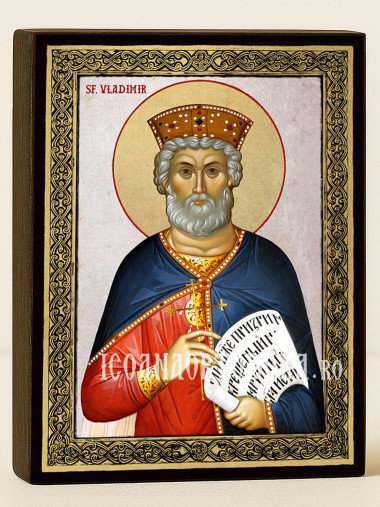 Icoană cu Sfântul Vladimir pe fundal argintiu cu ramă aurie