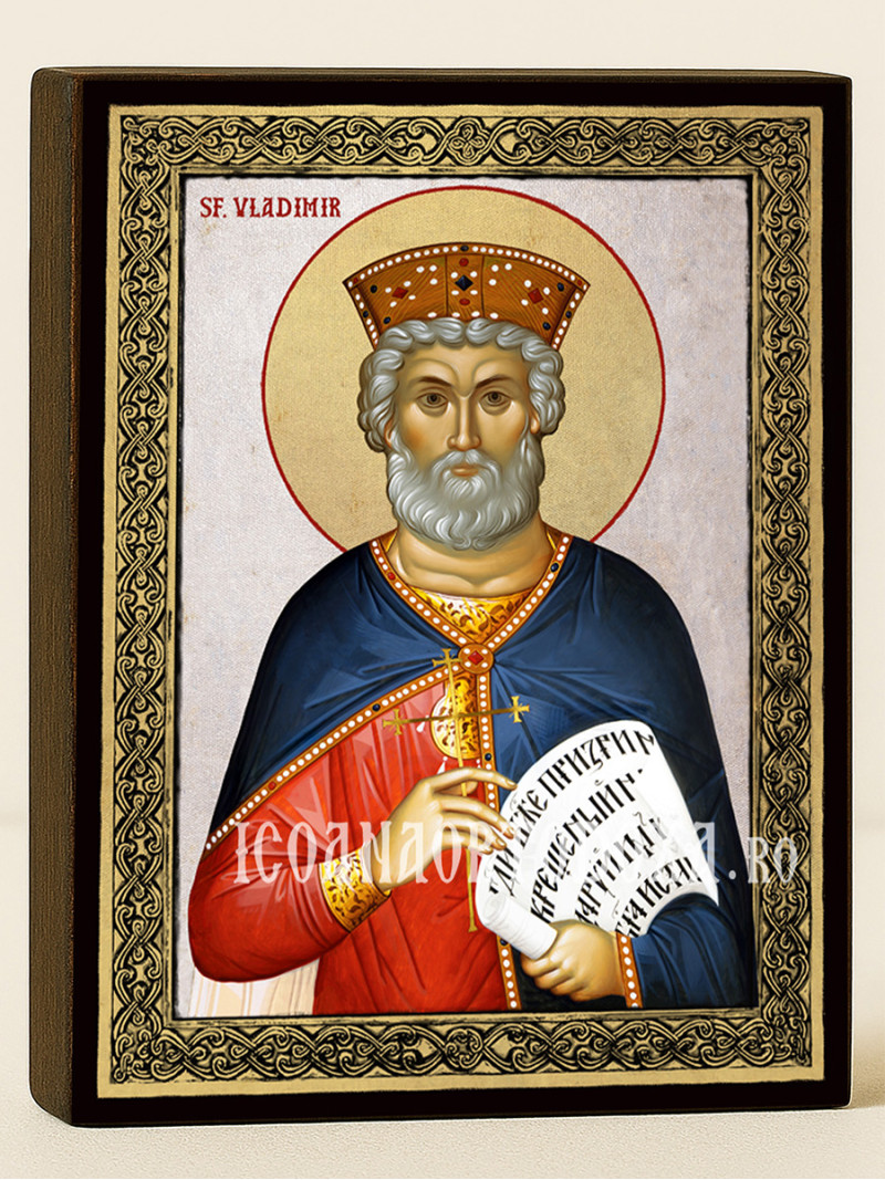 Icoană cu Sfântul Vladimir pe fundal argintiu cu ramă aurie