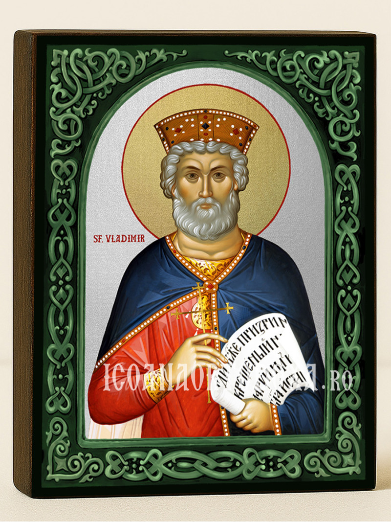 Icoană cu Sfântul Vladimir cu arcadă florală verde
